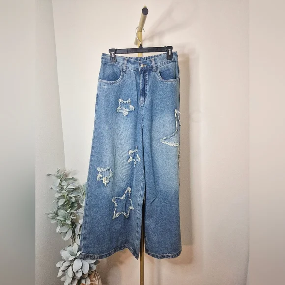 Sage + Fig Star Patch Luxury Wide Leg Bohemian Denim Jeans NWT Sz M - Picture 2 of 4